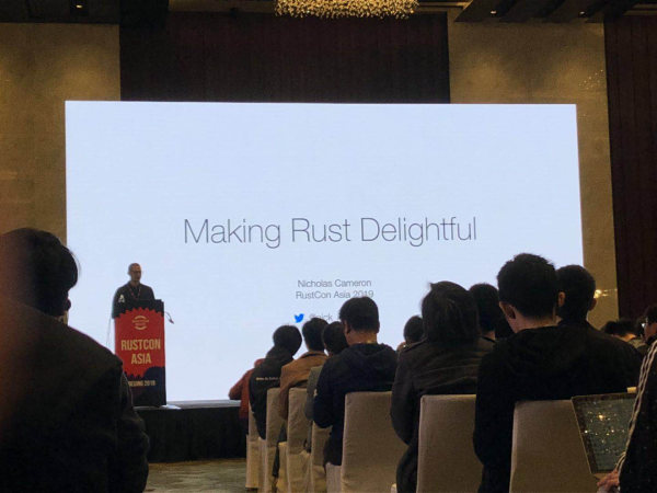Nick Cameron is making an opening remark at RustCon Asia