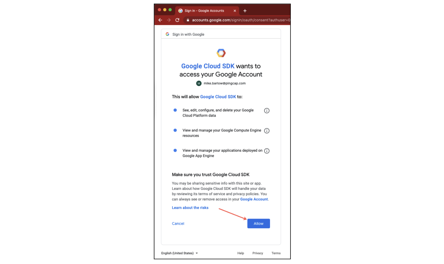 Google Cloud SDK wants to access your account